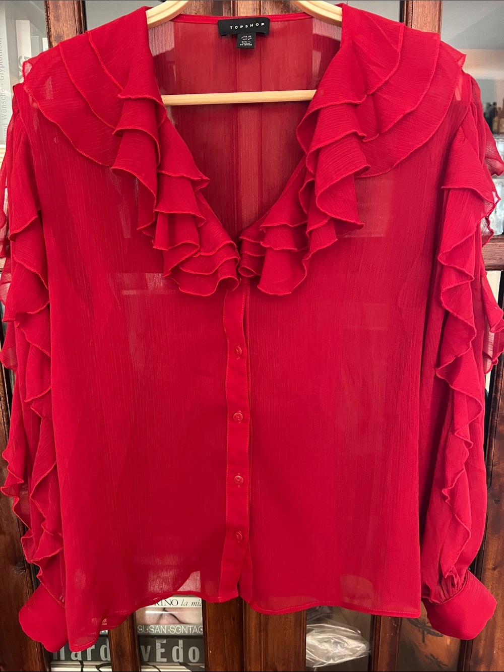 TOPSHOP Red Ruffle-Trim Sheer Button Blouse